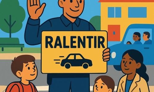 Um polícia de cerca de 35 anos, sorriso suave e olhos expressivos, casaco azul-escuro e boné, segura uma grande placa amarela com a palavra RALENTIR em letras pretas e um pequeno desenho de carro a travar, sinalizando com calma; à esquerda, um rapaz de 7 anos, Tomás, cabelo curto castanho e mochila vermelha, observa-o com admiração junto ao passeio; à direita, uma rapariga de 8 anos, Leonor, cabelo comprido preso e casaco verde-claro, segura a mão da professora e sorri junto à passadeira; a professora Dona Inês, cerca de 40 anos, de casaco bege, mantém o grupo e faz um gesto de calma, parada logo atrás da linha branca; ao fundo um pequeno camião e um carro parados com condutores visíveis a abrandar e janelas abertas, surpresos mas agradecidos; a cena passa-se em frente a uma escola amarela, com uma passadeira branca bem marcada, passeios empedrados, um banco verde, árvores de copa arredondada e céu azul-claro com nuvens; estilo gráfico de cores vivas e planos, formas simples, sombras suaves e composição legível e acolhedora.