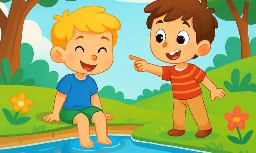 Há 2 personagens principais: - Léo: um garoto de 8 anos com cabelos dourados como o sol, um sorriso radiante e olhos brilhantes. Ele usa uma camiseta azul e um short verde, sentado à beira de um lago, olhando seu reflexo na água. - Pipo: um garoto de 7 anos com cabelos castanhos bagunçados, olhos azuis vivos e grande curiosidade. Ele veste uma camisa listrada vermelha e calças bege, em pé ao lado de Léo, apontando para o lago com um olhar maravilhado. O local da cena principal é um lago mágico, cercado por grandes árvores com folhas verdes vibrantes e flores coloridas que dançam ao vento. A superfície da água é tão clara que reflete o céu azul e as nuvens brancas, criando uma atmosfera tranquila e encantada. A situação principal da história mostra Léo e Pipo à beira do lago, contemplando seus reflexos na água, enquanto conversam alegremente sobre o que os faz felizes e os sonhos que desejam realizar.