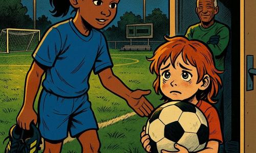 Lina, 11 anni, calma e attenta, viso illuminato dai riflettori, capelli castani legati in coda, tenuta da calcio blu con parastinchi, tiene scarpe da calcio in una mano e porge l'altra a Mila; Mila, circa 7 anni, capelli ramati spettinati, occhi umidi e timidi, stringe un pallone troppo grande sul petto vicino alla porta degli spogliatoi socchiusa; il portiere, uomo intorno ai 60, sullo sfondo vicino al cancello, silhouette sorridente con le braccia conserte; campo comunale di notte con erba umida che brilla, linee bianche e grandi riflettori gialli che proiettano lunghe ombre; scena emotiva e rassicurante: Lina aiuta Mila a ritrovare la sorella sotto la calda luce dei fari, composizione centrata, forti contrasti, colori saturi, espressioni e gesti rassicuranti.