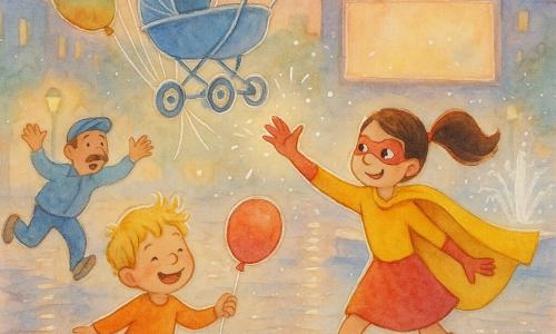 Kobieta‑superbohaterka uśmiechnięta i figlarna, w jaskrawym żółtym płaszczu i czerwonych botkach, brązowy kucyk, wyciąga rękę, żeby złapać lecący wózek z balonami; około 5‑letni chłopiec z potarganymi blond włosami trzyma sznurek czerwonego balona i się śmieje stojąc przy uciekającej spacerówce; sprzedawca balonów około 40 lat z wąsami i niebieską czapką biegnie za wózkiem, machając rękami i lekko zadyszany; scena na kolorowym miejskim placu o zmierzchu, mokry bruk, fontanna pryska białymi kroplami i duży migający billboard w tle; główna sytuacja: superbohaterka łapie latający wózek zanim uderzy w fontannę, balony unoszą się, są błyski światła i małe białe kropki farby pokazujące ruch.