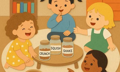 Four toddlers sit around a small wooden table on a round cream rug seen from above: a light-brown curly-haired girl in a yellow polka-dot dress sits left tapping an empty bowl and laughing; a black-haired girl in pigtails and a sky-blue sweater sits top, whispering with a finger near her mouth while looking at the bowl; a short blond girl in a green overall sits right, reaching as if for an imaginary jar; a mixed-race girl with braided hair and a pink tee sits bottom, joyfully pointing at three clear jars on the table labeled CRUNCH, SQUISH, SHAKE. Warm living-room corner with a low shelf of colorful books, soft light and simple shadows; the friends playfully prepare a 