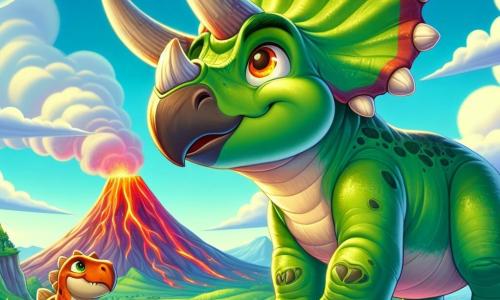 Ein Triceratops namens Trixi mit leuchtend grüner Haut und drei majestätischen Hörnern auf der Stirn zeigt große Entschlossenheit und ein wenig Aufregung, während er stolz auf einem Hügel steht, der einen bunten Vulkan überblickt. Neben ihm beobachtet ein freundlicher Stegosaurus namens Stegi mit orangefarbenen Rückenplatten und einem neugierigen Ausdruck die Landschaft, bereit, ihm bei seinem Abenteuer zu helfen. Im Hintergrund ist der strahlend blaue Himmel mit flauschigen weißen Wolken übersät, während der Vulkan in schillernden Rot- und Orangetönen sanft raucht und eine sowohl magische als auch leicht bedrohliche Atmosphäre schafft. Die Szene fängt den Moment ein, in dem Trixi und Stegi sich darauf vorbereiten, die Herausforderung von Rexor, dem Giganotosaurus, anzunehmen, was Mut und Freundschaft im Angesicht des Unbekannten symbolisiert.