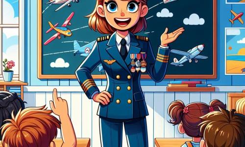 Die Hauptfigur ist eine Pilotin, Kapitänin Emma Himmelsflug, mit kastanienbraunen Haaren, die zu einem Dutt gebunden sind, und trägt eine glänzende blaue Uniform mit Medaillen. Sie lächelt breit und zeigt ihre Leidenschaft für das Fliegen, während sie vor einer großen Tafel steht und den Kindern erklärt. Zu den Nebenfiguren gehört Max, ein etwa 8-jähriger Junge mit zerzausten blonden Haaren und einem roten T-Shirt, der begeistert die Hand hebt, um mehr über das Fliegen zu erfahren. Neben ihm sitzt Mia, ein 7-jähriges Mädchen mit braunen Zöpfen und einem Blumenkleid, die aufmerksam mit weit aufgerissenen Augen zuhört. Die Szene spielt in einem hellen Klassenzimmer mit Fenstern, die Sonnenlicht hereinlassen, bunten Plakaten an den Wänden, die Flugzeuge und Wolken zeigen, und Holztischen, um die die Kinder im Kreis um Emma sitzen. Die Hauptsituation zeigt, wie Emma die Aufmerksamkeit der Kinder fesselt, indem sie faszinierende Geschichten über ihre Abenteuer als Pilotin erzählt, während draußen ein Gewitter aufzieht und einen Kontrast zwischen der Aufregung des Lernens und dem Unwetter schafft.