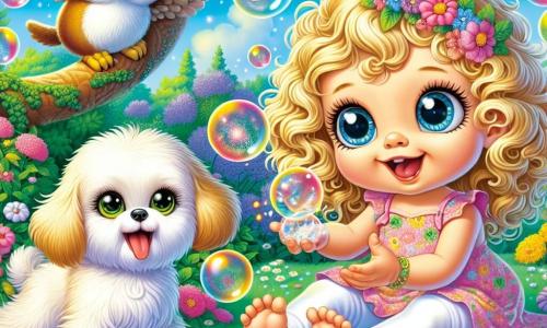 A one-year-old girl named Lila, with big bright eyes and curly golden hair, joyfully smiles while holding a sparkling button in her small hands. She is sitting on the green grass, surrounded by colorful bubbles floating around her, her face radiating wonder and happiness. Next to her, her fluffy dog Bingo, a small white dog with large floppy ears, jumps excitedly trying to catch the bubbles with his tongue, his expression full of excitement. Further away, Grumpy Old Owl, a brown-feathered owl with round eyes, perches on a tree branch, looking amused yet slightly annoyed as he observes the scene. The setting is a magical garden filled with vibrant flowers that seem to smile and wiggle under the bright sun. Gnarled trees with lush leaves surround the garden, creating an enchanted atmosphere. The main scene shows Lila and Bingo having fun popping sparkling bubbles, while the flowers seem to laugh and Grumpy Old Owl watches them with a mix of curiosity and disapproval, all in a joyful and playful ambiance.