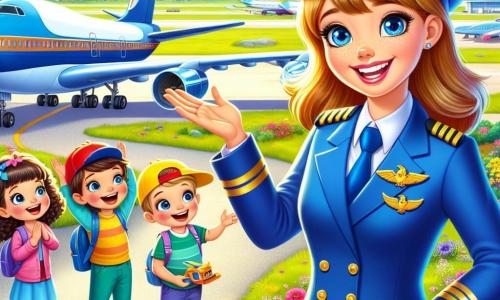 In the foreground, a smiling pilot woman, Captain Lucy, wears a bright blue uniform with a golden cap. Her eyes sparkle with joy and excitement as she stands next to her large blue airplane, arms open, ready to welcome her young friends. Beside her is a group of four enthusiastic children: a 7-year-old girl with curly hair and a yellow hat, raising her hand and smiling; a 6-year-old boy in a red cap, mimicking airplane gestures with his arms; a 5-year-old girl with bright eyes, looking at Captain Lucy in admiration; and an 8-year-old boy with blonde hair, holding a small plastic airplane model. The setting is a sunny airport, with a clear blue sky dotted with fluffy white clouds. In the background, other colorful airplanes are parked on the tarmac, surrounded by greenery and colorful flowers. The scene shows Captain Lucy explaining to the children how to become a pilot, using animated gestures, while they listen attentively, filled with wonder and curiosity.