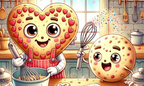 In a cozy kitchen, a small heart-shaped cookie named Charlie, with a bright red color and sparkling joyful eyes, is preparing cookies for his best friend. He has a radiant smile and doughy arms waving enthusiastically as he mixes the cookie dough. Next to him, a mischievous whisk named Wally, with a smiling face and playful eyes, spins around, excitedly adding colorful sprinkles to the cookies. The kitchen is filled with light, with shelves loaded with jars of sugar and flour, and an open window letting in a gentle ray of sunshine. The main scene shows Charlie, the cookie, creating lovingly decorated cookies, while Wally, the whisk, adds magical touches with sprinkles, filling the air with a joyful and festive atmosphere for Valentine's Day.