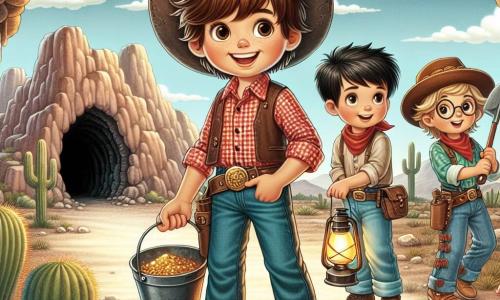 Een jonge cowboy genaamd Jack, een jongen van ongeveer 12 jaar met rommelig bruin haar en een grote glimlach, staat trots voor een kleine grot. Hij draagt een versleten cowboyhoed, een rood geruit shirt en denim broek. Zijn ogen stralen van opwinding terwijl hij een schep in de ene hand en een pan in de andere houdt, klaar om een verborgen schat te ontdekken. Naast hem staat Sam, een 11-jarig jongetje met kort blond haar en ronde bril, die nieuwsgierig naar de grot kijkt. Hij houdt een olielamp vast die het donkere pad verlicht. Iets verderop staat Lily, een 10-jarig meisje met lange gevlochten bruine haren, klaar met een vastberaden glimlach en een schatkaart in haar handen. De scène speelt zich af in een woestijnlandschap van het Wilde Westen, met majestueuze bergen op de achtergrond, verspreide cactussen en een stralende blauwe lucht. De grot, donker en mysterieus, belooft avontuur en ontdekkingen. Jack en zijn vrienden zijn vol enthousiasme en anticipatie, klaar om de grot binnen te gaan op zoek naar de legendarische goudschat, terwijl een groep wilde geiten in de buurt speelt, wat leven toevoegt aan dit spannende avontuur.