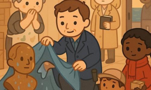 Een mannelijke detective van ongeveer veertig, kort kastanjebruin haar en een licht gekreukte donkerblauwe jas, tilt een hoek van een groot blauw laken op en onthult een bronzen buste; hij glimlacht licht, met een kleine zaklamp in zijn zak. Een vrouwelijke commissaris van rond de 35, blond haar in een knot en een beige mantel, staat bij de deur met een notitieboekje en kijkt serieus maar vriendelijk. Een vrouwelijke régisseuse van rond de 50, kort grijs haar en verfvlekken op handen en schort, houdt haar handen voor haar mond, verbaasd maar opgelucht, links van de detective. Een jongen decorateur van circa 17 met pet en glinsterjasje, vuile handen en een rol band in zijn hand, staat schuldig bij de voet van het beeld. Een meisje vrijwilliger van ongeveer 12 in een rode jas en sjaal met een doos flyers, ogen wijd open en dapper glimlachend, staat rechts bij een stapel panelen. Plaats: een grote donkere loods aan het water met een houten vloer vol voet- en verfstippen, gestapelde kratten, guirlandes en theaterattributen, koude neonverlichting en een warme lamp die het beeld verlicht. Hoofdgebeurtenis: de dramatisch-zachte onthulling van een grote bronzen buste onder een laken, het beeld glanst licht, met waterdruppels en modder aan de voet; de personages tonen verrassing, opluchting en nieuwsgierigheid, sfeer van een opgelost maar vriendelijk mysterie.