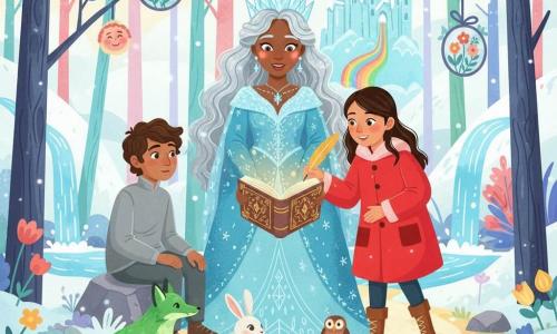 Die Schneekönigin, majestätische Frau mit langen silbernen, welligen Haaren, glitzerndem eisblauen Kleid und durchscheinender Krone aus Eissplittern, hält ein leuchtendes goldenes Buch; rechts steht Gerda (etwa 12) im roten Mantel, schreibt mit einer goldenen Feder und lächelt selbstbewusst, links sitzt Kay (etwa 13) in schlichten grauen Kleidern auf einem Stein und schaut bewegt zu; ein grüner Fuchs und Waldbewohner (Hase, Eule) umgeben sie am Boden; die Szene spielt in einer verschneiten Lichtung eines verzauberten Waldes mit hohen bunten Bäumen, spiegelnden Hängespiegeln, schimmernden Wasserfällen und im Hintergrund einem teilweise geschmolzenen Eispalast, während aus dem Buch goldene Strahlen fließen und die schmelzende Eislandschaft in bunte Blüten verwandeln, warme, hoffnungsvolle Atmosphäre.