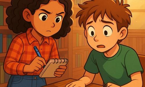 Una joven detective, Nora, una niña de 11 años con cabello castaño y rizado, lleva una camisa de cuadros y una falda de mezclilla. Tiene una mirada decidida y curiosa, sosteniendo una pequeña libreta y un bolígrafo azul, mientras examina una nota misteriosa en su escritorio. A su lado, Tomás, un niño de 11 años con cabello castaño desordenado y una expresión ansiosa, observa la nota con ojos grandes, con los dedos manchados de tinta negra. Su entorno es una biblioteca escolar, llena de estanterías de madera cargadas de libros coloridos, con rayos de luz filtrándose a través de las ventanas altas, iluminando el polvo en el aire. La escena muestra un momento de tensión y descubrimiento, donde Nora y Tomás están a punto de resolver un misterio juntos, rodeados de libros antiguos y secretos por desvelar.