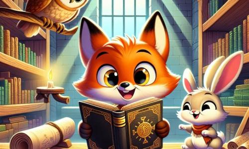 Ein kleiner Fuchs namens Felix, mit leuchtend orangefarbenem Fell und großen neugierigen Augen, steht im Mittelpunkt des Bildes und lächelt begeistert, während er ein altes schwarzes Buch mit goldenen Buchstaben hält. Neben ihm sitzt eine weise Eule namens Emma, mit braunen Federn und runden Brillen, die das Buch mit einem neugierigen Blick betrachtet, auf einem Regal. Ein kleiner frecher Hase namens Hoppel, mit großen Ohren und weißem Fell, springt fröhlich neben ihnen, seine Augen funkeln vor Aufregung. Die Szene spielt in einer magischen Bibliothek, mit Holzregalen voller bunter Bücher, Lichtstrahlen, die durch große Fenster filtern und geheime Ecken erhellen. Im Hintergrund sind Pergamentrollen und alte Karten auf einem Holztisch verstreut, was ein Gefühl von Abenteuer vermittelt. Felix, Emma und Hoppel entdecken eine mysteriöse Botschaft in dem Buch und sind bereit, gemeinsam ein neues Rätsel zu lösen.