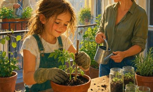 Bambina di 8 anni dai capelli castano chiaro leggermente arruffati, volto rotondo e lentiggini, sorride timidamente mentre solleva un piccolo tutore di legno; indossa una salopette verde e guanti da giardinaggio troppo grandi, mani un po' sporche di terra. Accanto a lei, leggermente arretrata, la madre di circa 35 anni con capelli castani raccolti in uno chignon, volto dolce e sguardo fiero, tiene un piccolo annaffiatoio di metallo e sorride; sul balcone vicino, un anziano vicino di circa 70 anni con capelli bianchi e giacca leggera annaffia una pianta di basilico osservando la scena con benevolenza. Il balcone è piccolo e luminoso con pavimento in legno chiaro, vasi di terracotta e barattoli con giovani germogli, una mela rossa su un tavolo e una ghirlanda di foglie sulla ringhiera; la bambina pianta delicatamente un piccolo germoglio di pomodoro in un vaso, raggi di sole mattutino illuminano le foglie e ci sono spruzzi di terra sul tavolo, atmosfera calda e colori vivaci con texture da pittura acrilica.