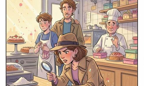 La detective Elisa, circa 30 anni, viso concentrato e trench beige con cappello, è inginocchiata al banco che osserva briciole di biscotto con una lente; Luca, circa 30 anni, capelli spettinati e sorriso incoraggiante, sta dietro con una mano sulla spalla vicino alla porta; Marco, ragazzo di circa 17 anni, guance arrossate e grembiule infarinato, sta indietro vicino al forno con un canovaccio, colto sul fatto; il signor Rossi, circa 50 anni, con toque da pasticcere e aria preoccupata ma affettuosa, è dietro il banco con scatole di dolci impilate; la piccola pasticceria luminosa ha un bancone in legno chiaro, scaffali con scatole colorate, vassoi di dolci, farina sparsa e una telecamera su una parete piastrellata; la scena principale mostra la scoperta degli indizi: briciole sparse sul banco, la lente puntata su di esse, volti espressivi e una luce calda che filtra dalla vetrina.