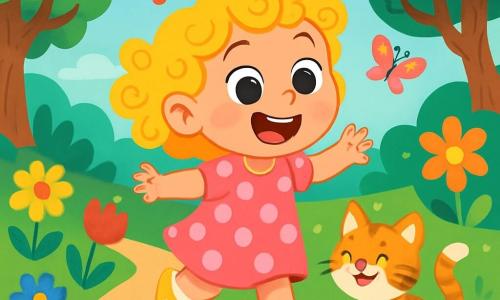 Una bambina di 2 anni, Livia, con grandi occhi brillanti e capelli ricci dorati, ride correndo attraverso un giardino incantato. Indossa un vestito rosa a pois e scarpe magiche che brillano. Accanto a lei, un gattino birichino, con pelo a strisce arancioni e bianche, si diverte a inseguire la propria coda, con un'espressione gioiosa sul suo visino. Il giardino è pieno di fiori colorati, grandi alberi con tronchi nodosi e arbusti dalle forme strane. Farfalle multicolori volano intorno a loro, aggiungendo un tocco di magia alla scena. Livia e il gattino ballano e saltano insieme su un sentiero che si allunga e si accorcia, come se avesse vita propria, provocando risate e giochi.