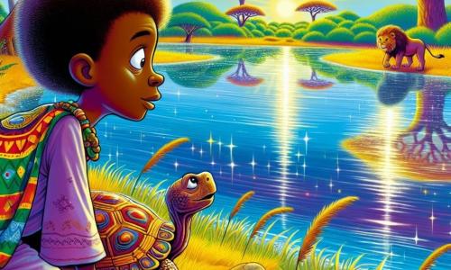 Kofi, un giovane uomo africano di circa 20 anni, sta in piedi sulla riva di un grande fiume, il suo viso radioso di curiosità e meraviglia. Ha capelli ricci e indossa una tunica colorata decorata con motivi tradizionali, mentre il suo sguardo scintillante scruta l'acqua luccicante sotto il sole. Accanto a lui, una vecchia tartaruga con un guscio decorato con motivi naturali si gode il sole sulla riva, i suoi occhi saggi e dolci sembrano osservare Kofi con benevolenza. Più lontano, un maestoso leone dorato, sdraiato all'ombra di un grande baobab, osserva la scena con un'espressione calma e protettiva. Il luogo è una savana vibrante, dove l'erba dorata danza al vento e grandi alberi si ergono sotto un cielo blu brillante punteggiato di nuvole bianche e soffici. La scena principale mostra Kofi mentre contempla la tartaruga, ascoltando attentamente le sue parole di saggezza, mentre il leone veglia su di loro, creando un'atmosfera di pace e armonia in questo paesaggio incantevole.