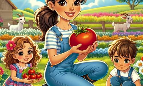 Sofia, una donna di circa quarant'anni, è al centro dell'immagine, con un grande sorriso caloroso sul volto. Ha i capelli castani raccolti in una coda di cavallo, le guance arrossate dal sole e indossa una salopette di denim con stivali di gomma. Sta mostrando ai bambini come raccogliere le verdure nel suo giardino. Accanto a lei, Emma, una bambina di circa otto anni con capelli ricci e un vestito colorato, tiene un grande pomodoro rosso appena colto, con gli occhi brillanti di eccitazione. Più in là, Luca, un ragazzo di sette anni con capelli biondi, è accovacciato mentre pianta semi di carota nella terra, con uno sguardo concentrato. Lo sfondo è una bella fattoria soleggiata, circondata da campi verdi, fiori colorati e un cielo blu chiaro punteggiato di nuvole bianche. Si vedono animali come capre e galline che si muovono allegramente sullo sfondo. La scena principale mostra Sofia e i bambini impegnati nell'attività di raccolta e piantagione, condividendo risate e momenti di gioia, illustrando l'amore per la natura e l'agricoltura.