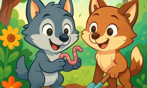 Un pequeño lobo llamado Leo, con un pelaje gris suave y ojos brillantes de curiosidad, está en el centro de la escena, sonriendo con entusiasmo. Sostiene un lombriz en sus patas, con las orejas levantadas, mostrando su alegría por aprender. A su lado, su hermana Lua, una joven loba de pelaje marrón claro con manchas blancas en el vientre, sonríe orgullosamente mientras sostiene una pequeña pala, lista para ayudarlo. El jardín es exuberante, lleno de flores coloridas, arbustos verdes y tierra marrón, con rayos de sol filtrándose a través de las hojas de los árboles. Al fondo, se ve una pequeña casa de madera con una chimenea humeante, añadiendo un toque cálido a la escena. La imagen representa a Leo y Lua buscando lombrices juntos, ilustrando la igualdad de géneros y el placer de compartir actividades en la naturaleza.
