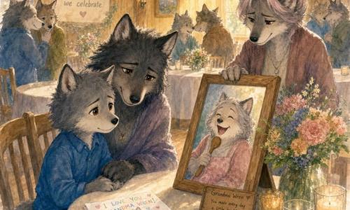 The main character is Lio, a small gray-furred wolf child with bright brown eyes and pointed ears, sitting slightly curled, sad but soothed, wearing a clean blue shirt and holding his mother's paw while looking at a large photo on a table; his mother is a slightly darker adult she-wolf with a warm face and wet eyes, crouched beside him, comforting and tender with her hand on his paw and her gaze on the photo; Aunt Sable is a middle-aged she-wolf in sober clothes with gray-pink hair in a bun, standing behind the table, gentle and restrained, adjusting a photo frame or flowers; the scene is a small light-wood community room with round tables draped in cream cloth, aligned chairs, plank floor, soft golden light through a large window, pastel flower bouquets and a few candles in jars on the central table; the main moment shows an intimate memorial: a large photo of Grandma Wren laughing with a spoon as a microphone on the table, Lio’s drawing beside it, people whispering in the background, calm respectful atmosphere, watercolor style with muted colors and controlled splashes around the edges.