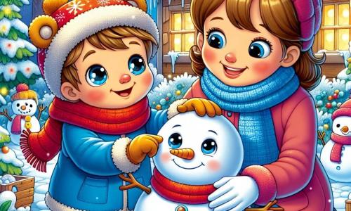 Un ragazzo di 5 anni, di nome Luca, è al centro dell'immagine, con grandi occhi brillanti e un sorriso radioso. Indossa un spesso cappotto blu, una sciarpa rossa e un berretto a forma di orso, mentre si diverte a fare un pupazzo di neve in un giardino innevato. Accanto a lui, sua mamma, una donna di una trentina d'anni con i capelli castani raccolti in un chignon, indossa un cappotto rosa e guanti bianchi. Sorride dolcemente mentre aiuta Luca a modellare il corpo del pupazzo di neve. Sullo sfondo, il giardino è coperto da uno spesso strato di neve scintillante, con alberi dalle branche cariche di brina e una casa di legno con finestre illuminate, creando un'atmosfera calda e festosa. La scena mostra Luca e sua mamma che ridono e giocano insieme, mentre aggiungono dettagli al pupazzo di neve, simboleggiando la gioia e la magia dell'inverno.