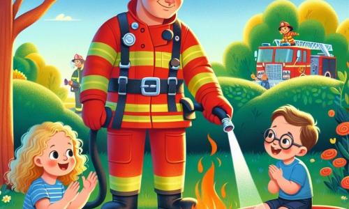 Ein großer, muskulöser Feuerwehrmann mit einem warmen Lächeln und funkelnden Augen trägt eine leuchtend rote Uniform und einen glänzenden Helm. Er hält einen Gartenschlauch, bereit, ein kleines Feuer zu löschen. Neben ihm steht ein 6-jähriges Mädchen mit lockigem, blondem Haar, das bewundernd schaut und ein kleines Spielzeug-Feuerwehrauto in den Händen hält. Ein 5-jähriger Junge mit Brille und blauem T-Shirt sitzt auf dem Boden, lacht und applaudiert seinem Papa. Die Szene spielt in einem grünen Park mit laubtragenden Bäumen und einem strahlend blauen Himmel. In der Ferne sieht man ein kleines Feuer in einem Busch, umgeben von bunten Blumen. Der Feuerwehrmann und die Kinder sind aktiv, bereit, das Feuer zu löschen und gleichzeitig Spaß zu haben.