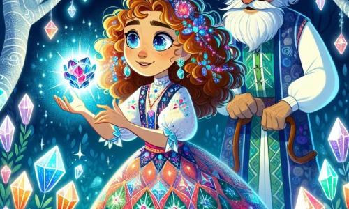 Uma menina de 10 anos, Zuri, com cabelos cacheados e brilhantes como estrelas, usa um vestido colorido adornado com padrões de cristais. Ela tem olhos cheios de curiosidade e um sorriso encantado, segurando um pequeno dispositivo metálico flutuante diante dela, iluminado por uma suave luz. Ao seu lado, seu avô, o Senhor Eldrin, um homem idoso com uma longa barba branca e óculos redondos, observa o dispositivo com um olhar fascinado, vestido com uma túnica em tons de azul e verde, mantendo-se ligeiramente para trás, pronto para ajudar. O ambiente é um jardim mágico, repleto de cristais cintilantes que refletem a luz do sol, com árvores de troncos prateados e flores luminosas que dançam ao vento. A cena principal mostra Zuri descobrindo o artefato misterioso, cercada por uma aura de magia e ciência, pronta para explorar as maravilhas do universo ao seu redor.