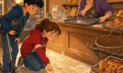 A 10-year-old girl with a round face, freckles and brown pigtails, looking concentrated and curious with slightly furrowed brows, kneeling on the bakery's light tile and pointing at small wheel tracks on the floor; her 10-year-old friend, short black hair and a mischievous smile, holds a scooter helmet and leans behind her to the left examining the same tracks; a female baker of about 50 with graying hair in a bun and a flour-dusted apron stands behind the counter to the right, looking kindly surprised with one hand on her chest and the other on an empty tray; interior of a small welcoming bakery with shelves of golden breads and pastries, large cream tiles and warm sunset light through the window; the children are following wheel prints toward the back door amid scattered crumbs and flour and an empty basket on a display, creating a gentle, optimistic investigative scene.