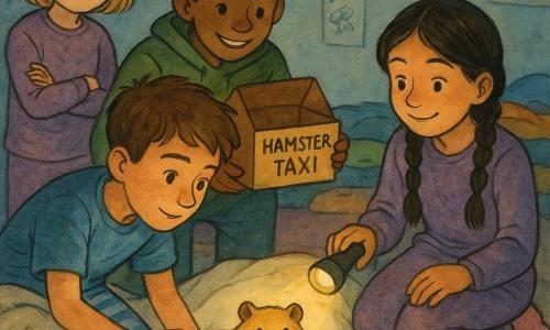 Four children (around 12): a brown-haired boy in a blue t‑shirt and striped pajamas kneeling left under a white fluffy duvet reaching gently for a small round hamster; a black‑haired girl in braids with pink fuzzy socks sitting right holding a small flashlight casting warm light; a tan boy with short curls in a green sweatshirt crouched center‑rear holding an open cardboard box as a hamster 