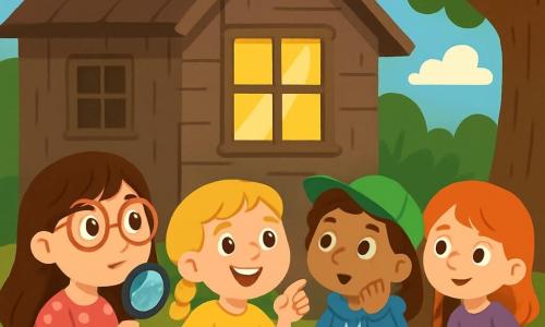 There are 4 children: Lila, an 8-year-old girl with long brown hair and round glasses, wearing a pink polka dot dress and holding a magnifying glass, curiously looking at the house; Zoe, a 7-year-old girl with braided blonde hair and a bright smile, wearing a yellow t-shirt and denim shorts, pointing at the window; Mia, an 8-year-old girl with curly hair and a green cap, dressed in a blue hoodie and black pants, showing surprise at the light; and Ruby, a 7-year-old girl with red hair and freckles, wearing a floral skirt and purple t-shirt, standing near the door, ready to enter. The setting is an old wooden house with decrepit walls and dusty windows, surrounded by a garden overgrown with weeds and wilted flowers, next to a large oak tree with branches extending like arms. The sky is blue with fluffy white clouds, and the sun is shining softly. The main scene shows the four friends, wide-eyed, in front of the mysterious house, excited and a bit nervous, ready to discover the secret behind the shiny window.