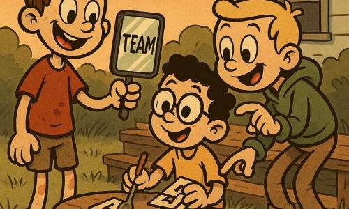 Three 9-year-old boys—messy brown hair in a stained red tee with scraped knees holding a small rectangular hand mirror and smiling, short blond hair in a green hoodie pointing at letters on the mirror, and curly black hair with round glasses in a yellow tee holding letter cards and tapping a spoon—sit together on worn wooden steps around a cracked outdoor table in a suburban garden at sunset; the mirror clearly reflects the word TEAM, warm sunset light and soft shadows highlight their joyful, focused camaraderie in a retro cartoon style with saturated colors and painted textures.