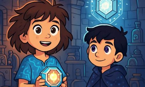 A 10-year-old girl, Kaela, stands at the center of the stage, with messy brown hair and sparkling eyes full of determination. She wears a blue tunic adorned with bright patterns and holds a small, shiny technological device, the HexBox, in her hands. Her face expresses a mix of courage and wonder. Next to her, a boy her age, Orion, has black hair and sparkling purple eyes. He wears a pixel cape that glimmers in the shadows. He watches Kaela with an expression of admiration, ready to assist her in her quest. The setting is a vast underground chamber filled with ancient machines and magical artifacts. Stone walls are illuminated by a silver light emanating from a large artifact, the Arcanatrix, which floats at the center, surrounded by sparkling runes. The main scene shows Kaela and Orion facing the Arcanatrix, a moment of tension and hope as they prepare to discover the artifact's power and confront the mysteries around them.