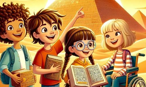 Four friends stand together in front of a large Egyptian pyramid. Max, a 10-year-old boy with curly hair and a red t-shirt, points at the pyramid with a look of wonder. To his left, Leah, a 9-year-old girl with braided brown hair, holds an open ancient book, her eyes shining with excitement. On the right, Tyler, a 10-year-old boy with glasses and a blue sweater, looks around curiously. Finally, Emma, an 11-year-old girl in a wheelchair, wears a yellow dress and smiles joyfully, holding an old map. They are in a golden desert bathed in the warm light of the setting sun, with rolling sand dunes and palm trees in the background. The majestic pyramid is adorned with bright hieroglyphs that sparkle in the sunlight. The main scene shows the friends discovering an ancient secret hidden inside the pyramid, ready to solve puzzles and embark on an exciting adventure surrounded by mysteries and treasures of the past.
