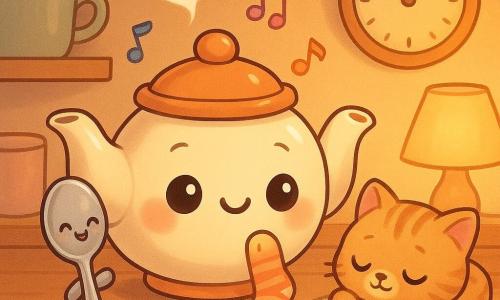 Tippy, a small round anthropomorphic teapot, smiling and sleepy, chubby, with big shiny eyes, pink cheeks, a lid like a hat and a tiny heart-shaped puff of steam from her spout as she sings colorful musical notes; a slim shiny chibi metal spoon with a laughing face stands by the spout, wiggling with joy and holding a crumb; a miniature soft striped sock with curious eyes and tiny hands balances on the shelf doing a little dance next to the spoon; a fluffy tabby kitten sleeps curled on a soft towel in the background right; setting: a light-wood shelf in a cozy kitchen at dusk lit by a warm yellow-orange lamp, pastel cups, a round evening clock and a few sparkling crumbs nearby; main scene: a quiet, sweet pre-nap moment with friendly chibi objects gathered for a lullaby, warm colors, soft textures, rounded silhouettes and tender expressions.