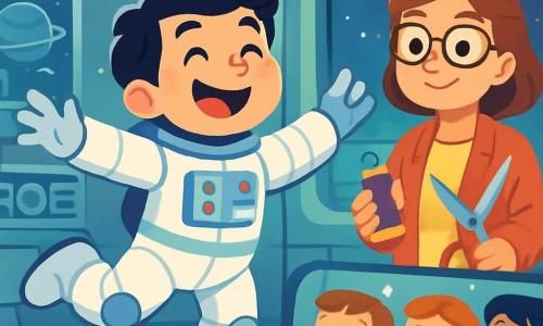Un uomo astronauta, Tommaso, con capelli neri e un grande sorriso, sta ballando gioiosamente nella sua tuta spaziale bianca e brillante. I suoi occhi brillano di eccitazione e curiosità. Accanto a lui, una donna, la responsabile delle tute, la signora Marina, di circa 40 anni, con capelli castani e occhiali, osserva con un sorriso benevolo mentre tiene in mano degli strumenti da cucito. Lo sfondo è un laboratorio futuristico, pieno di luci soffuse e macchine scintillanti, con schermi che mostrano immagini dello spazio. Stelle brillano attraverso una grande finestra, illuminando la stanza con una luce magica. La scena principale mostra Tommaso che, nonostante la rigidità della sua tuta, cerca di muoversi con grazia, cantando una canzone gioiosa sul suo sogno di esplorare le stelle. I bambini, dietro un vetro, lo osservano con meraviglia, ridendo e applaudendo i suoi movimenti goffi.
