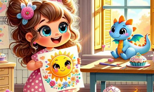Una niña de 4 años, Lila, con grandes ojos brillantes y cabello rizado castaño, sonríe alegremente sosteniendo un gran dibujo colorido de un sol sonriente y flores danzantes. Lleva un vestido rosa con lunares y calcetines a rayas, y está rodeada de pasteles en forma de corazón. A su lado, un pequeño dragón azul llamado Azulito, con escamas brillantes y grandes alas translúcidas, sonríe mientras sopla suavemente para hornear pasteles. Está sentado en una mesa de madera, justo al lado de Lila, admirando su dibujo. La escena transcurre en una cocina cálida y soleada, con paredes pintadas de amarillo pastel, ventanas abiertas dejando entrar la luz del sol, y flores de papel decorando la mesa. Lila y Azulito preparan una sorpresa para el Día de la Madre, rodeados de pasteles, dibujos y risas, creando una atmósfera alegre y llena de amor.