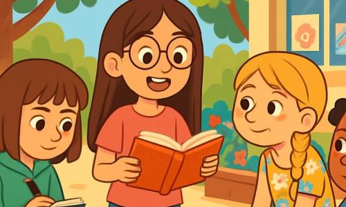 Hay 4 niños: - Sofía: una niña de 10 años con cabello largo castaño y gafas redondas. Lleva una camiseta rosa y un short de mezclilla. Está en el centro, sosteniendo un libro abierto, con una sonrisa entusiasta. - Clara: una niña de 10 años con cabello rubio trenzado y pequeñas pecas en la nariz. Lleva un vestido de flores y está ligeramente inclinada hacia adelante, escuchando atentamente a Sofía. - Lucía: una niña de 10 años con cabello negro rizado y un gran pendiente en forma de estrella. Lleva una camiseta azul y pantalones negros. Está a la derecha de Sofía, con los brazos cruzados y una expresión pensativa. - Ana: una niña de 10 años con cabello castaño y flequillo. Lleva una sudadera verde y leggings. Está a la izquierda de Sofía, tomando notas en un cuaderno, con una expresión seria. La escena tiene lugar en un patio escolar soleado, rodeado de grandes árboles de hojas verdes brillantes. Hay bancos de madera alrededor y dibujos coloridos decoran las paredes de la escuela. Flores multicolores crecen en jardineras, añadiendo un toque de alegría al ambiente. La situación principal muestra a los niños discutiendo con entusiasmo su proyecto de escritura. Sofía lee en voz alta un extracto de su historia sobre una niña que mintió, mientras sus amigas la escuchan atentamente, cautivadas por las palabras y las lecciones sobre la honestidad.