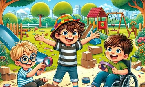 En un parque soleado, tres amigos están reunidos. Lucas, un niño de 8 años con cabello castaño desordenado y una gran sonrisa, lleva un sombrero colorido y se encuentra en el centro, con los brazos extendidos, como si anunciara una gran aventura. A su derecha, Mateo, un niño de 7 años con gafas redondas y cabello rubio, está agachado, sosteniendo un rollo de cinta adhesiva, concentrado en su plan de construcción. A la izquierda, Pablo, un niño de 8 años con cabello castaño y una sonrisa radiante, está sentado en su silla de ruedas, rodeado de cajas de cartón, riendo a carcajadas. El parque está lleno de vegetación, con árboles majestuosos, flores coloridas y un cielo azul salpicado de nubes blancas esponjosas. Al fondo, se ve un tobogán y columpios, añadiendo alegría al entorno. Los tres amigos están construyendo un fuerte de cartón, pero el fuerte se derrumba en un gran desorden de cajas y arena, provocando risas y expresiones divertidas en sus rostros.
