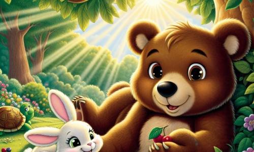 A little brown bear named Benny, with soft fur and bright eyes, is lying on the green grass under a large tree, displaying a warm and peaceful smile. He holds a small handful of red berries in his paws, his eyes sparkling with joy. Next to him, a little white bunny named Lily, with large floppy ears and a smiling face, is sitting and eating a berry, her eyes filled with happiness. A little further away, a green turtle named Toby, with a shiny shell and a friendly gaze, watches them with a smile, his paws resting on the grass, showing an expression of support and friendship. The scene takes place in an enchanted forest, where colorful flowers line the ground and rays of sunlight filter through the leaves of the trees, creating a warm and welcoming atmosphere. Despite being tired, Benny feels surrounded by the love of his friends, sharing berries and laughter, illustrating the magic of friendship and comfort in difficult times.