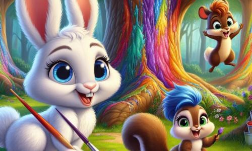 In the center of the image, Benny, a young rabbit with fluffy white fur and sparkling blue eyes, is painting a tree with bright colors, a big smile on his face expressing his joy and wonder. To his right, Rina, a beautiful hare with vibrant blue fur, is mixing colors on a palette, her expression focused yet full of enthusiasm. To the left, Max, a squirrel with brown fur and a bushy tail, jumps for joy, his eyes shining with excitement as he admires the vibrant colors around him. The setting is an enchanted clearing, where majestic trees with green leaves rise around them, and the ground is dotted with colorful flowers. Splashes of colorful paint are visible on the tree trunks, creating a magical and joyful atmosphere. The scene represents the moment when Benny and his friends celebrate their friendship by painting together, illustrating the beauty of diversity and unity.