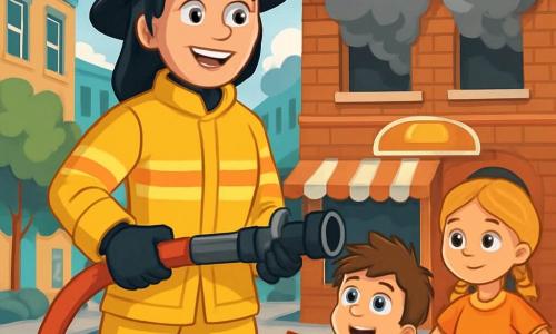Firefighter Captain Katie stands proudly in front of an old brick building, her determined and smiling face shining with excitement. She wears a bright yellow suit, a black helmet, and rubber boots, holding a ready-to-use fire hose. Next to her, 10-year-old Max, with messy brown hair, looks on in admiration, his eyes wide. He wears a red t-shirt and blue shorts, holding a small firefighter flag. A little further away, 9-year-old Sarah, with blonde braids and a reassuring smile, watches attentively with her hands on her hips, eager to learn. The scene is set on a busy city street with colorful buildings and green trees, but thick gray smoke billows from a bakery's windows, creating a dramatic contrast. Captain Katie is explaining to the children how she will extinguish the fire, teaching them about safety while preparing to enter the burning building.
