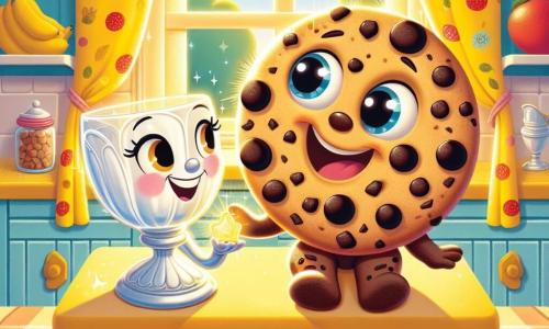 In a sunny kitchen, a round and smiling cookie named Charlie sits on the counter, with shiny chocolate chips sparkling like stars. He has a big smile and sparkling eyes of joy, holding a small cup of tea while playing. Next to him, a tall glass of milk named Mabel stands proudly, with a smooth and shiny surface and a joyful face showing her enthusiasm. She is slightly tilted, as if ready to toast with Charlie. The kitchen is filled with bright colors, featuring yellow walls and fruit-patterned curtains. A lovely bouquet of flowers rests on the table, and beams of sunlight illuminate the room, creating a warm and welcoming atmosphere. Charlie and Mabel are preparing a small party, sharing stories and laughing together, celebrating their beautiful friendship in this magical and joyful place.
