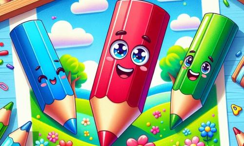 An illustration features a blue crayon with a smiling face and sparkling eyes, drawing a large blue sky on a piece of paper. Next to it, a red crayon with a joyful expression is creating vibrant flowers in a field. A green crayon, slightly behind, adds blades of grass around the flowers. The main setting is a bright art room filled with vivid colors and children's drawings on the walls, with a large table covered in white sheets and a floor scattered with crayons, creating a joyful and creative atmosphere. The scene depicts the crayons working together to create a beautiful colorful landscape, highlighting the importance of diversity and collaboration, with additional graphic elements like bursts of bright colors and cheerful dialogue bubbles expressing their enthusiasm for teamwork.