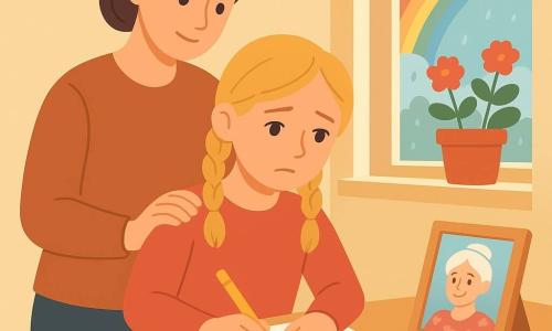Fată de 10 ani aşezată pe podea, faţă blândă, uşor tristă dar calmă, ochi strălucitori, păr blond în două cozi, ţine un creion galben şi desenează o femeie zâmbitoare pe o foaie albă mare; femeie adultă (mamă, ~35 ani) în spatele fetei, mâna pe umărul ei drept, privire binevoitoare; bunică prezentă doar în desen şi într-o ramă mică pe masă: păr alb în coc, zâmbet tandru, rochie cu flori roz; interior luminos cu pereţi crem, masă din lemn deschis, covor albastru şi muşcate roşii pe pervaz; fereastră deschisă spre cer după ploaie cu un curcubeu mare şi picături pe geam; atmosferă caldă şi liniştită, lumină aurie de seară care luminează foaia şi creează umbre lungi, compoziţie simplă centrată pe fată şi foaie, culori pastel contrastate de roşu şi galben, linii clare şi forme rotunjite.