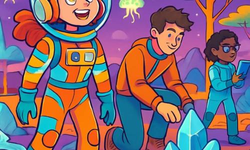 Een vrouwelijke astronaut, Mira, staat op een buitenaardse planeet, haar gezicht verlicht door verwondering en nieuwsgierigheid. Ze draagt een glanzend ruimtepak met kleurrijke patronen, en haar haren zweven lichtjes in de lucht. Haar grote, heldere ogen weerspiegelen de wonderen van het universum. Naast haar onderzoekt een jonge man, Lucas, ongeveer 25 jaar oud, een vreemde fonkelende kristal op de grond, met rommelig bruin haar en een geconcentreerde uitdrukking. Iets verderop gebruikt Dr. Amina, een vrouw van in de dertig met een bril en krullend haar, een scanner, met een vastberaden gezicht. Het landschap is spectaculair: metalen bomen reiken naar een paarse lucht, terwijl zilveren vloeistofrivieren zich een weg banen tussen doorschijnende rotsformaties. Luminescente wezens zweven in de lucht, wat een vleugje magie aan deze ongelooflijke scène toevoegt. Mira en haar team verkennen deze mysterieuze wereld, gefascineerd door de schoonheid en vreemdheid van hun omgeving, terwijl ze zich voorbereiden om contact te maken met een onbekende levensvorm die hen nieuwsgierig observeert.