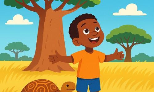 Kofi, un joven africano de unos 10 años, se encuentra bajo un gran baobab con hojas verdes brillantes. Tiene la piel de un marrón cálido, ojos chispeantes de curiosidad y una amplia sonrisa que ilumina su rostro. Mira al cielo con asombro, con los brazos abiertos como si quisiera abrazar el mundo. A su lado, una tortuga sabia y anciana, con un caparazón adornado con patrones dorados, avanza lentamente por el suelo arenoso. Ella lo observa con ojos suaves y reconfortantes, como si compartiera un antiguo secreto. Un poco más lejos, un majestuoso árbol con ramas extendidas ofrece sombra, sus hojas susurran suavemente con el viento. El lugar es una sabana africana bañada de luz dorada, con hierbas altas que ondulan bajo la brisa ligera. El cielo es de un azul brillante, salpicado de nubes blancas y esponjosas. La escena principal muestra a Kofi, maravillado, escuchando el viento que le susurra lecciones de paciencia, mientras la tortuga avanza pacíficamente a su lado. Juntos, descubren la belleza del momento presente, rodeados por la magia de la naturaleza.
