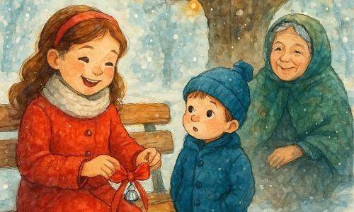 Una niña de 8 años, llamada Martina, está sentada en un banco de madera antiguo, bajo un gran roble cubierto de nieve. Tiene mejillas sonrosadas y ojos brillantes de alegría, vistiendo un abrigo rojo vivo y una bufanda de lana blanca. Martina sostiene delicadamente un lazo rojo con una pequeña campanilla plateada en el centro, mostrando una expresión de orgullo y felicidad. A su lado, un niño de 5 años, su hermano Tomás, está de pie, con las manos en los bolsillos de su abrigo azul, mirando el lazo con asombro. Detrás de ellos, una mujer de unos 60 años, su abuela, está sentada en el banco, sonriendo cálidamente, envuelta en un chal verde oscuro. El parque está cubierto por una gruesa capa de nieve brillante, con árboles majestuosos y luces de Navidad colgando de las ramas. La escena principal muestra a Martina atando el lazo rojo al banco, simbolizando el amor y los recuerdos compartidos en familia.