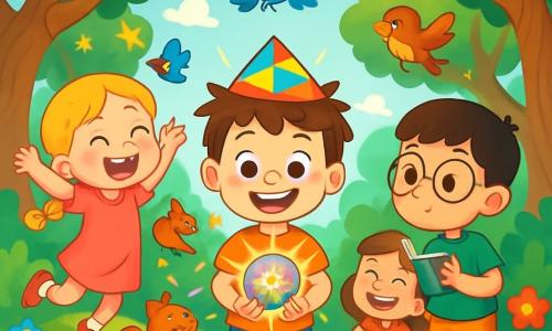 Ci sono 4 bambini: - Leo: un ragazzo di 5 anni, con capelli castani arruffati e un grande sorriso. Indossa un cappello di carta colorato e tiene un amuleto brillante in mano, in piedi al centro dell'immagine. - Sofia: una ragazza di 5 anni, con lunghi capelli biondi intrecciati e occhi scintillanti. È a sinistra di Leo, saltellando di gioia con le braccia alzate, circondata da piccole stelle scintillanti. - Marco: un ragazzo di 5 anni, con occhiali rotondi e capelli neri. È a destra di Leo, mentre prende appunti su un piccolo quaderno, con un'espressione concentrata ma divertita. - Laura: una ragazza di 5 anni, con capelli castani e un grande sorriso caloroso. È leggermente dietro Leo, ridendo con le mani sui fianchi, guardando gli animali che danzano intorno a loro. Il luogo è un parco incantato, pieno di alberi dai tronchi contorti e fiori multicolori che brillano sotto il sole. Animali come scoiattoli e uccelli danzano gioiosamente intorno ai bambini, creando un'atmosfera magica e felice. La scena principale mostra i bambini che ridono mentre l'amuleto colorato brilla intensamente, provocando una danza esilarante degli animali del parco. I bambini sono circondati da un'atmosfera di gioia e magia, con lampi di luce e colori vivaci che rendono la scena ancora più vivace.