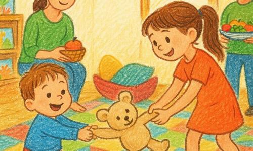 Un bambino di 2 anni felice gioca in piedi su un tappeto colorato con un orsacchiotto beige che tira; la sorella Mia di circa 4 anni, alta per la sua età e con coda di cavallo, sorride e tiene l'altro lato dell'orsacchiotto aiutandolo; la madre sui 30 anni seduta dietro di loro porge una mela in un cestino mentre il padre di circa 32 anni, con leggera barba, sta vicino alla porta con un grande piatto di frutta; salotto luminoso con tappeto a motivi geometrici, cuscini colorati ammucchiati a forma di barca, scaffali bassi con libri illustrati e luce calda dalla finestra; i bambini ridono e saltellano mentre la barca di cuscini ondeggia; colori vivaci, tratti semplici e espressioni marcate.