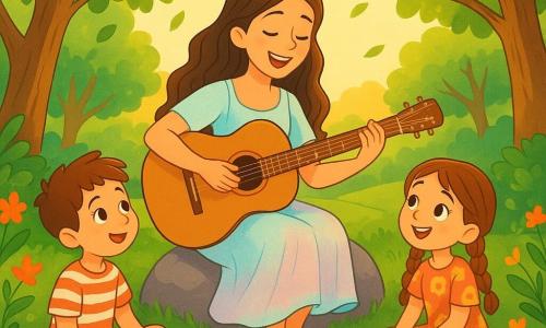 Una giovane donna di nome Luna, con lunghi capelli ondulati e un vestito leggero dai colori pastello, è seduta su una pietra morbida in mezzo a un boschetto verde. Il suo viso irradia gioia e serenità mentre suona la chitarra con un sorriso caloroso. Accanto a lei, due bambini, un ragazzo di 7 anni con una maglietta a righe e pantaloni corti di jeans, e una ragazza di 6 anni con un vestito a fiori e trecce, la ascoltano attentamente, gli occhi brillanti di meraviglia. Sono seduti in cerchio attorno a lei, a piedi nudi sull'erba morbida. Il luogo è un boschetto incantevole, pieno di alberi maestosi con foglie verdi brillanti, fiori colorati e un piccolo ruscello che scintilla sotto il sole calante. Gli uccelli cantano tra i rami, aggiungendo una melodia naturale all'atmosfera pacifica. La scena principale mostra Luna che canta una dolce melodia, circondata dai bambini rapiti dalla sua musica, mentre il vento fa danzare le foglie intorno a loro, creando un'atmosfera magica e calorosa.
