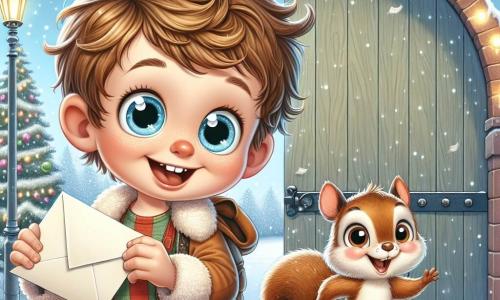 A 5-year-old boy named Leo, with sparkling blue eyes and curly, tousled hair, stands in the center of the image, a big smile on his face, holding a shiny letter in his small hands. Next to him, a squirrel named Nutty, with brown fur and a bushy tail, jumps joyfully, his bright eyes full of excitement, ready to help him on his adventure. In the background, the landscape is a beautiful snowy garden, with trees covered in shimmering snow and snowflakes gently falling from the sky, creating a magical Christmas atmosphere. Leo and Nutty are heading towards a large wooden door adorned with twinkling lights, symbolizing their quest to deliver the letter to Santa Claus, filled with hope and joy.