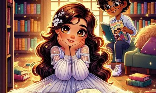 Een 10-jarig meisje, Lotte, met lange kastanjebruine haren en sterrenheldere ogen, zit in een hoek van de bibliotheek met een groot boek op haar schoot. Ze heeft een zachte, dromerige glimlach terwijl haar delicate handen de pagina's aanraken, terwijl een gouden licht door het raam filtert en haar gezicht verlicht. Naast haar zit een 10-jarige jongen, Sam, met krullend haar en ronde bril, die haar bewonderend aankijkt met een stripboek in zijn hand, zittend op een zacht kussen. De bibliotheek is groot, met donkere houten planken vol kleurrijke boeken, zachte tapijten op de grond en comfortabele fauteuils, wat een warme en uitnodigende sfeer creëert. In deze scène deelt Lotte haar passie voor verhalen met Sam, terwijl ze samen een moment van verbondenheid en ontdekking beleven, omringd door een magische sfeer van boeken die geheimen lijken te fluisteren.